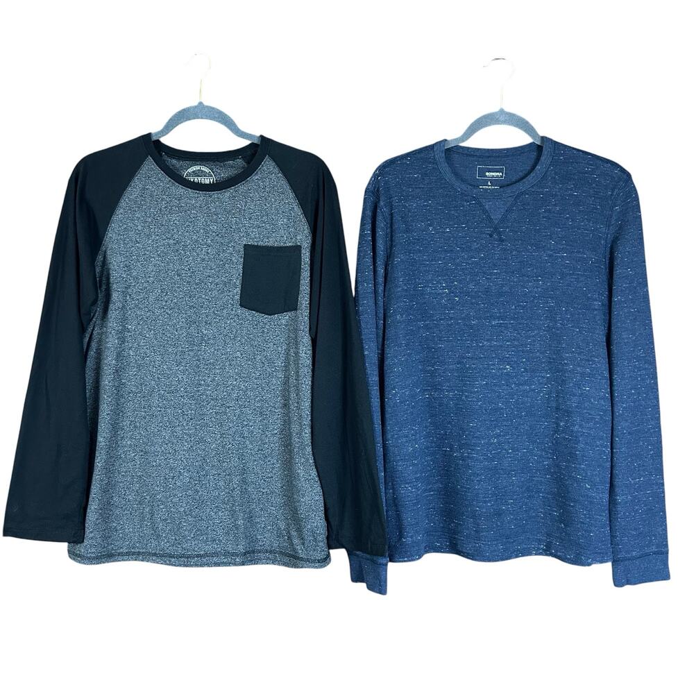 Lot of 2 Mens Dikotomy Sonoma Shirts Sz L Gray Raglan Pocket Blue Waffle Thermal